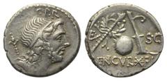 Roman Republican Cn. Cornelius Lentulus Marcellinus. Denar (Silber). 76 - 75 v. Chr. Münzstätte in Spanien (?). Vs: Drapierte Büste des Genius Populi Romani mit Diadem rechts, dahinter Szepter, darübe