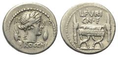 Roman Republican L. Furius Brocchus. Denar (Silber). 63 v. Chr. Rom. Vs: III - VIR / BROCCHI. Kopf der Ceres mit Ährenkranz rechts, dahinter Ähre, davor Getreidekorn. Rs: L FVRI / CN F. Sella curulis,