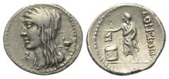 Roman Republican L. Cassius Longinus. Denar (Silber). 60 v. Chr. Rom. Vs: Verschleierte Büste der Vesta mit Diadem links, dahinter Schale (cylix), davor Kontrollmarke. Rs: LONGIN III V. Bürger in Toga