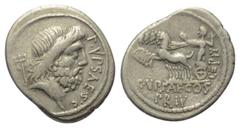 Roman Republican P. Plautius Hypsaeus. Denar (Silber). 57 v. Chr. Rom. Vs: P YPSAE S C. Kopf des Neptun rechts, dahinter Dreizack. Rs: C YPSAE COS / PRIV / CEPIT. Jupiter mit Blitzbündel in galoppiere