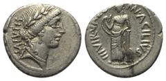 Roman Republican Mn. Acilius Glabrio. Denar (Silber). 49 v. Chr. Rom. Vs: SALVTIS. Kopf der Salus mit Lorbeerkranz rechts. Rs: MN ACILIVS III VIR VALETV. Valetudo mit Schlange im rechten Arm auf Säule
