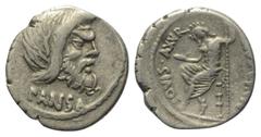 Roman Republican C. Vibius Pansa. Denar (Silber). 48 v. Chr. Rom. Vs: PANSA. Bärtige Maske des Pan rechts. Rs: C VIBIVS C F C N IOVIS AXVR. Jupiter Anxurus mit Patera und Szepter nach links sitzend. 1