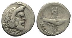 Roman Republican C. Vibius Pansa und D. Postumius Albinus. Denar (Silber). 48 v. Chr. Rom. Vs: C PANSA. Bärtige Maske des Pan rechts. Rs: ALBINVS [BRVTI F]. Zwei Hände im Handschlag, geflügelten Caduc