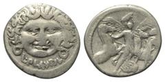 Roman Republican L. Plautius Plancus. Denar (Silber). 47 v. Chr. Rom. Vs: L PLAVTIV. Kopf der Medusa mit seitlichen Schlangen (!) en face. Rs: [PLANCV]. Aurora mit Palmzweig en face, Pferdeviergespann
