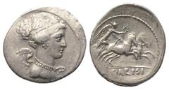 Roman Republican T. Carisius. Denar (Silber). 46 v. Chr. Rom. Vs: Büste der Victoria rechts. Rs: T CARISI. Victoria mit Kranz in Biga nach rechts fahrend. 21 mm. 3,94 g. Cr. 464/4; Syd. 986. Sehr schö