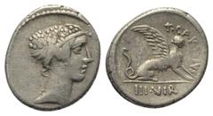 Roman Republican T. Carisius. Denar (Silber). 46 v. Chr. Rom. Vs: Kopf der Sibylle mit Sphendone, aus der eine Locke auf den Nacken fällt, rechts. Rs: T CARISIVS / III VIR. Sphinx nach rechts sitzend.