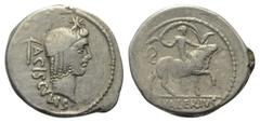 Roman Republican L. Valerius Acisculus. Denar (Silber). 45 v. Chr. Rom. Vs: ACISCVLVS. Kopf des Apollo mit Tänie rechts, darüber Stern, dahinter Acisculus. Rs: L VALERIVS. Europa, ihren vom Wind geblä