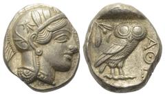 Greek Attika. Athen. Tetradrachme (Silber). Ca. 454 - 404 v. Chr. Vs: Kopf der Athena mit ölzweiggeschmücktem, attischem Helm, Ohranhänger und Halskette rechts. Rs: Eule nach rechts stehend, Kopf en f