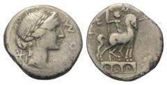Roman Republican Mn. Aemilius Lepidus. Denar (Silber). 114 oder 113 v. Chr. Rom. Vs: ROMA. Drapierter Frauenkopf (Roma?) mit Lorbeerkranz und Diadem rechts. Links unten Wertzeichen X. Rs: MN AEMILIO /