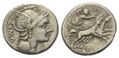 Roman Republican Q. Lutatius Cerco. Denar (Silber). 109 oder 108 v. Chr. Rom. Vs: ROMA. Kopf der Roma mit Flügelhelm rechts, davor Wertzeichen. Rs: L FLAMINI / CILO. Victoria mit Kranz in Biga nach re