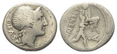 Roman Republican M. Herennius. Denar (Silber). 108 oder 107 v. Chr. Rom. Vs: PIETAS. Kopf der Pietas mit Diadem rechts, davor Kontrollzeichen. Rs: M HERENNI. Amphinomus, einer der beiden Brüder aus Ca