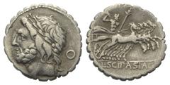 Roman Republican L. Scipio Asiagenus. Denar (Silber). 106 v. Chr. Rom. Vs: Kopf des Jupiter mit Lorbeerkranz links; dahinter Kontrollmarke 'o'. Rs: L SCIP ASIAG. Jupiter mit Szepter und Blitzbündel in