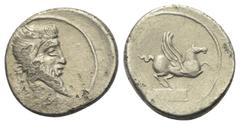 Roman Republican Q. Titius. Denar (Silber). 90 v. Chr. Rom. Vs: Kopf des Mutinus Titinus (Priapos) mit Flügeldiadem rechts. Rs: Pegasus nach rechts springend, darunter Basis mit der Inschrift Q TITI. 