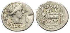 Roman Republican L. Furius Brocchus. Denar (Silber). 63 v. Chr. Rom. Vs: III - VIR / BROCCHI. Kopf der Ceres mit Ährenkranz rechts, dahinter Ähre, davor Getreidekorn. Rs: L FVRI / CN F. Sella curulis,