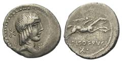Roman Republican C. Calpurnius Piso Frugi. Denar (Silber). 61 v. Chr. Rom. Vs: Kopf des Apollo mit Tänie rechts, dahinter Kontrollzeichen K, davor F. Rs: C PISO L F FRV. Reiter mit bändergeschmücktem 