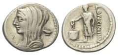 Roman Republican L. Cassius Longinus. Denar (Silber). 60 v. Chr. Rom. Vs: Verschleierte Büste der Vesta mit Diadem links, dahinter Schale (cylix), davor Kontrollmarke. Rs: LONGIN III V. Bürger in Toga