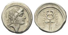 Roman Republican M. Plaetorius Cestianus. Denar (Silber). 57 v. Chr. Rom. Vs: Männlicher Kopf (Bonus Eventus?) mit langem Haar rechts, dahinter Kontrollmarke. Rs: M PLAETORI / CEST EX S C. Geflügelter