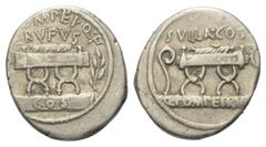 Roman Republican Q. Pompeius Rufus. Denar (Silber). 54 v. Chr. Vs: Q. POMPEI. Q. F / RVFVS. Sella curulis, links Pfeil, rechts Lorbeerzweig. Rs: SVLLA. COS / Q. POMPEI. RVF. Sella curulis, links Lituu