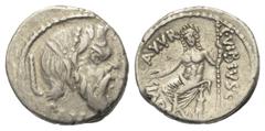 Roman Republican C. Vibius Pansa. Denar (Silber). 48 v. Chr. Vs: PANSA. Bärtige Maske des Pan mit drei Reihen Beeren im Haar rechts. Rs: C VIBIVS C F C N IOVIS AXVR. Jupiter Anxurus mit Patera und Sze