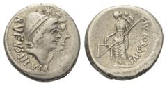 Roman Republican Mn. Cordius Rufus. Denar (Silber). 46 v. Chr. Vs: RVFVS III VIR. Köpfe der Dioscuren mit Pilei rechts, darüber Sterne. Rs: MN CORDIVS. Venus Verticordia mit Waage und Szepter nach lin