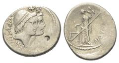 Roman Republican Mn. Cordius Rufus. Denar (Silber). 46 v. Chr. Vs: RVFVS III VIR. Köpfe der Dioscuren mit Pilei rechts, darüber Sterne. Rs: MN CORDIVS. Venus Verticordia mit Waage und Szepter nach lin