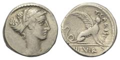Roman Republican T. Carisius. Denar (Silber). 46 v. Chr. Vs: Kopf der Sibylle mit Sphendone rechts. Rs: T CARISIVS / III VIR. Sphinx nach rechts sitzend. 17 mm. 3,89 g. Cr. 464/1; Syd. 983a. Sehr schö