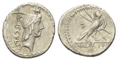 Roman Republican L. Valerius Acisculus. Denar (Silber). 45 v. Chr. Vs: ACISCVLVS. Kopf des Apollo mit Haarband rechts. Davor oben Stern, dahinter acisculus. Alles eingerahmt durch Lorbeerkranz. Rs: L.
