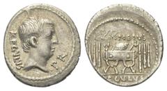 Roman Republican L. Livineius Regulus. Denar (Silber). 42 v. Chr. Vs: REGVLVS. Kopf des Praetors L. Livineius Regulus rechts. Rs: L LIVINEIVS / REGVLVS. Sella curulis flankiert von je drei Liktorenbün