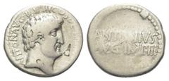 Roman Imperatorial Marcus Antonius. Denar (Silber). 32 v. Chr. Athen. Vs: ANTON AVG IMP III COS [DES III III V R R P C]. Kopf des Marcus Antonius rechts, hinter dem Ohr P. Rs: ANTONIVS / AVG IMP III i