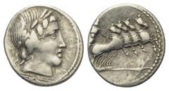 Roman Republican C. Vibius Pansa. Denar (Silber). 90 v. Chr. Rom. Vs:Kopf des Apollo mit Lorbeerkranz rechts, davor Kontrollmarke. Rs: Minerva mit Lanze und Tropaeum in Quadriga nach rechts galoppiere
