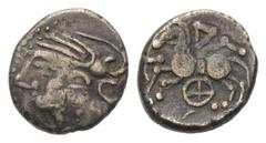 Celtic Gallien. Aedui. Quinar (Silber). Ca. 80 - 50 v. Chr. Vs: Leicht stilisierter Kopf mit Helm links. Rs: Pferd nach links galoppierend, darüber A, darunter vierspeichiges Rad. 13 mm. 1,83 g. De la
