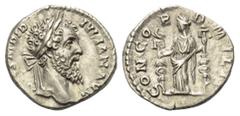 Roman Imperial Didius Iulianus (193 n. Chr.). Denar (Silber). 193 n. Chr. Rom. Vs: IMP CAES M DID IVLIAN AVG. Kopf mit Lorbeerkranz rechts. Rs: CONCORD MILIT. Concordia frontal stehend, Kopf nach link