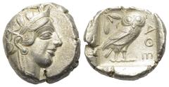 Greek Attika. Athen. Tetradrachme (Silber). Ca. 454 - 404 v. Chr. Vs: Kopf der Athena mit ölzweiggeschmücktem attischem Helm, Ohranhänger und Halskette rechts. Rs: Eule nach rechts stehend, Kopf en fa