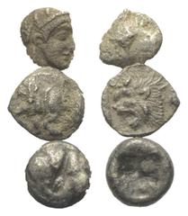 Griechische Münzen - Lots. Athen (Attika) / Kyzikos (Mysien) / Ungesicherte Münzstätte (Lesbos). Lot (3 Stück, Silber): Hemiobol, 1/24 Stater, Tetartemorion; 5. Jhdt. v. Chr. Fast sehr schön - sehr sc