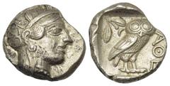Griechische Münzen Attika. Athen. Tetradrachme (Silber). Ca. 454 - 404 v. Chr. Vs: Kopf der Athena mit ölzweiggeschmücktem attischem Helm, Ohranhänger und Halskette rechts. Rs: Eule nach rechts stehen
