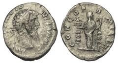 Roman Imperial Didius Iulianus (193 n. Chr.). Denar (Silber). 193 n. Chr. Rom. Vs: IMP CAES M DID IVLIAN AVG. Kopf mit Lorbeerkranz rechts. Rs: CONCORD MILIT. Concordia frontal stehend, Kopf nach link