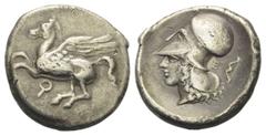 Griechische Münzen Korinthia. Korinth. Stater (Silber). Ca. 375 - 300 v. Chr. Vs: Pegasos nach links fliegend, darunter Koppa. Rs: Kopf der Athena mit korinthischem Helm links; im Feld rechts E neben 