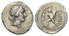 Römische Bürgerkriege C. Iulius Caesar. Denar (Silber). 47 - 46 v. Chr. Münzstätte in Nordafrika. Vs: Kopf der Venus mit Diadem rechts. Rs: CAESAR. Aeneas mit Palladium und seinem Vater Anchises auf d