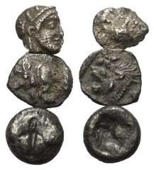 Greek Coins - Lots Griechische Münzen - Lots. Athen (Attika) / Kyzikos (Mysien) / Ungesicherte Münzstätte (Lesbos). Lot (3 Stück, Silber): Hemiobol, 1/24 Stater, Tetartemorion; 5. Jhdt. v. Chr. Sehr s