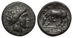 Greek Coins Thessalien. Larissa. Bronze. Mitte 4. Jhdt. v. Chr. Vs: Kopf der Nymphe Larissa rechts. Rs: Pferd nach links stehend und grasend. 14 mm. 2,29 g. HGC 4, 535; Slg. BCD Thessalien II 391.1. S