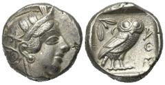 Greek Coins Attika. Athen. Tetradrachme (Silber). Ca. 353 - 294 v. Chr. Vs: Kopf der Athena mit ölzweiggeschmücktem, attischem Helm, Ohranhänger und Halskette rechts. Rs: Eule nach rechts stehend, Kop