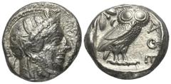 Greek Coins Attika. Athen. Tetradrachme (Silber). Ca. 353 - 294 v. Chr. Vs: Kopf der Athena mit ölzweiggeschmücktem, attischem Helm, Ohranhänger und Halskette rechts. Rs: Eule nach rechts stehend, Kop