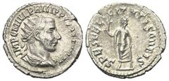 Roman Imperial Coinage Philippus I. Arabs (244 - 249 n. Chr.). Antoninian (Silber). 244 n. Chr. Antiochia. Vs: IMP C M IVL PHILIP PVS P F AVG P M. Büste mit Strahlenkrone, Paludament und Panzer rechts