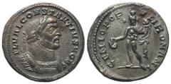 Roman Imperial Coinage Constantius I. Chlorus (305 - 306 n. Chr.). Follis. 296 - 303 n. Chr. London. Vs: FL VAL CONSTANTIVS NOB C. Panzerbüste mit Lorbeerkranz rechts. Rs: GENIO POPVLI ROMANI. Genius 