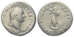 Roman Imperial Coinage Titus (79 - 81 n. Chr.). Denar (Silber). 80 n. Chr. Rom. Vs: IMP TITVS CAES VESPASIAN AVG P M. Kopf mit Lorbeerkranz rechts. Rs: TR P IX IMP XV COS VIII P P. Um Anker abwärts ge