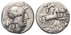 Roman Republican C. Cassius. Denar (Silber). 126 v. Chr. Rom. Vs: Romakopf mit geflügeltem Helm nach rechts, dahinter Wahlurne. Rs: Libertas in Quadriga mit Stab und Pileus nach rechts. 17 mm. 3,81 g.