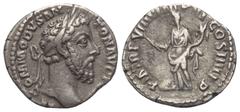 Roman Imperial Coinage Commodus (177 - 192 n. Chr.). Denar (Silber). 184 n. Chr. Rom. Vs: M COMMODVS ANTON AVG PIVS. Kopf mit Lorbeerkranz rechts. Rs: P M TR P VIIII IMP VI COS IIII P P. Felicitas mit