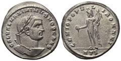 Roman Imperial Coinage Maximinus II. Daia (310 - 313 n. Chr.). Follis. 305 - 306 n. Chr. Heraclea. Vs: GAL VAL MAXIMINVS NOB CAES. Kopf mit Lorbeerkranz rechts. Rs: GENIO POPVLI ROMANI / HTS. Genius m