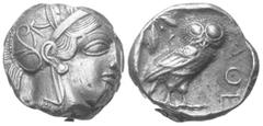 Greek Attika. Athen. Tetradrachme (Silber). Ca. 454 - 404 v. Chr. Vs: Kopf der Athena mit ölzweiggeschmücktem attischem Helm, Ohranhänger und Halskette rechts. Rs: Eule nach rechts stehend, Kopf en fa