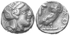 Greek Attika. Athen. Tetradrachme (Silber). Ca. 400 - 353 v. Chr. Vs: Kopf der Athena mit ölzweiggeschmücktem attischem Helm, Ohranhänger und Halskette rechts. Rs: Eule nach rechts stehend, Kopf en fa